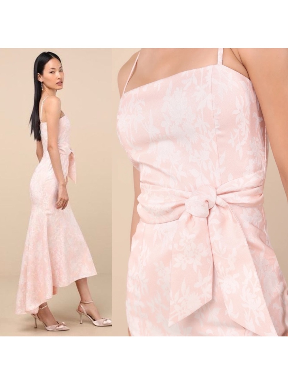 Blush Pink Floral Jacquard High-Low Mermaid Midi Dress 🌿